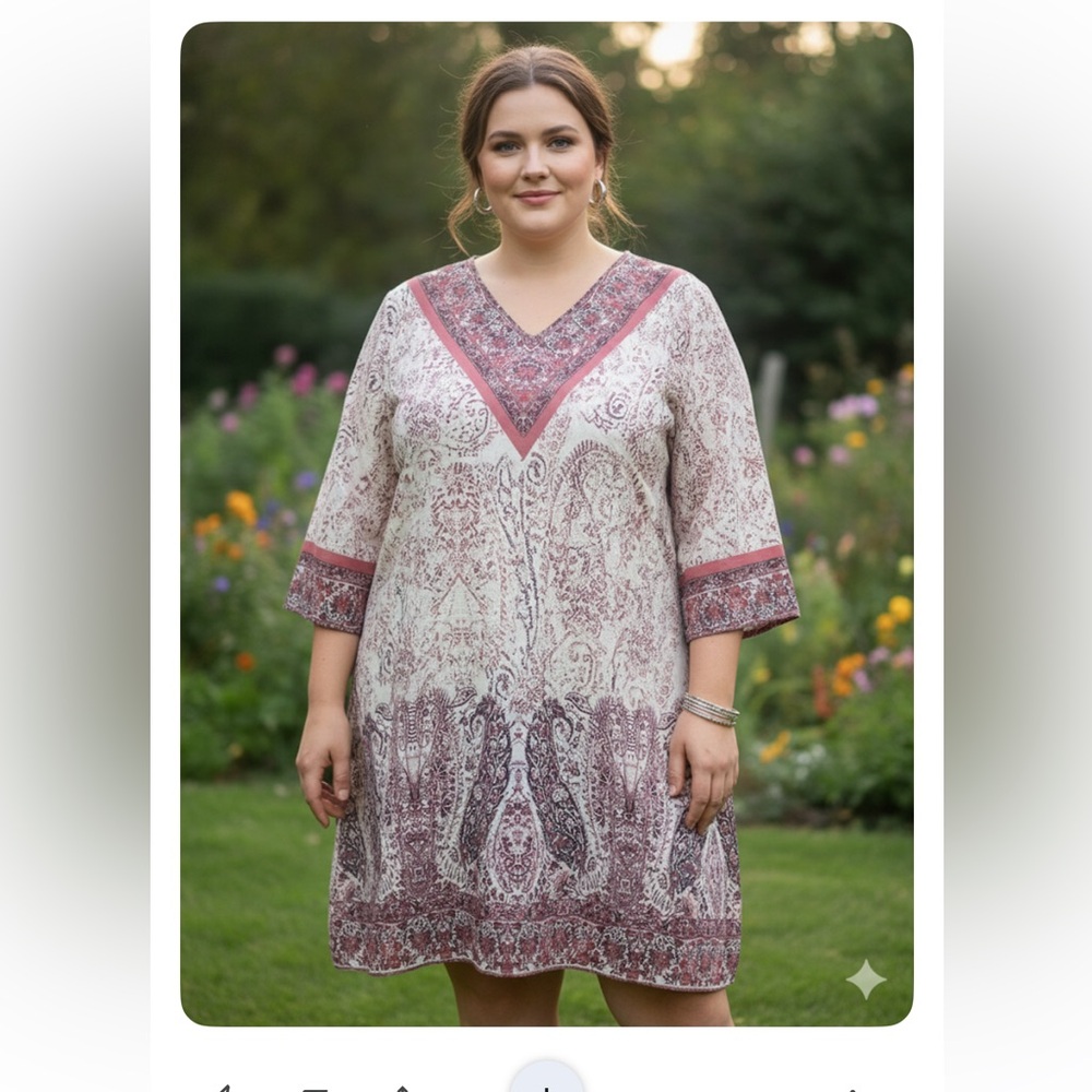 Boho Paisley V-Neck Tunic Dress Mauve Pink Cream Sz XXL
